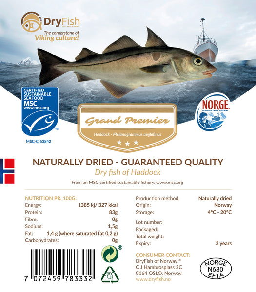 Stockfish d'aiglefin en emballage de détail de 10 kg.