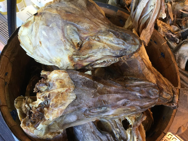 Naturally dried Atlantic Cod heads in 30 kgs bags.